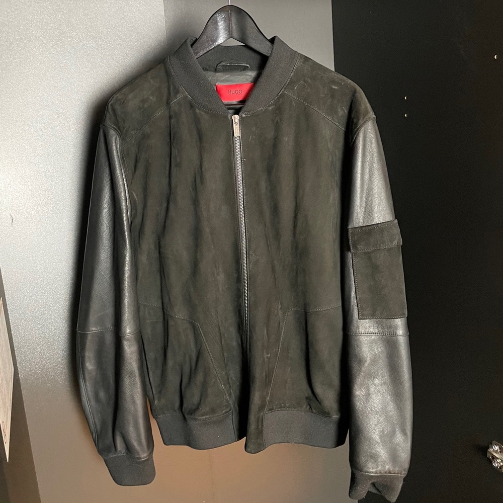 Hugo boss two tone black bomber leather jacket